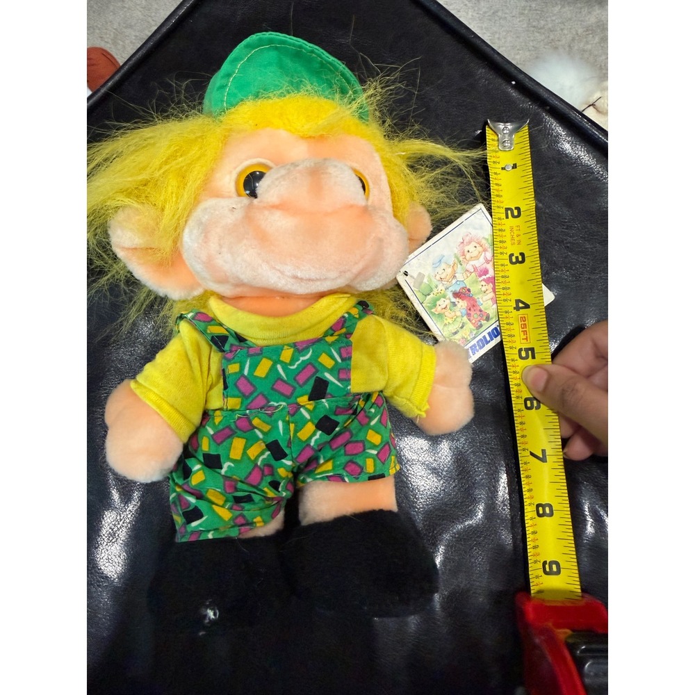 Vintage Trollio Trolls Plush Toy Yellow Hair Green Overalls Collectible Doll tag
